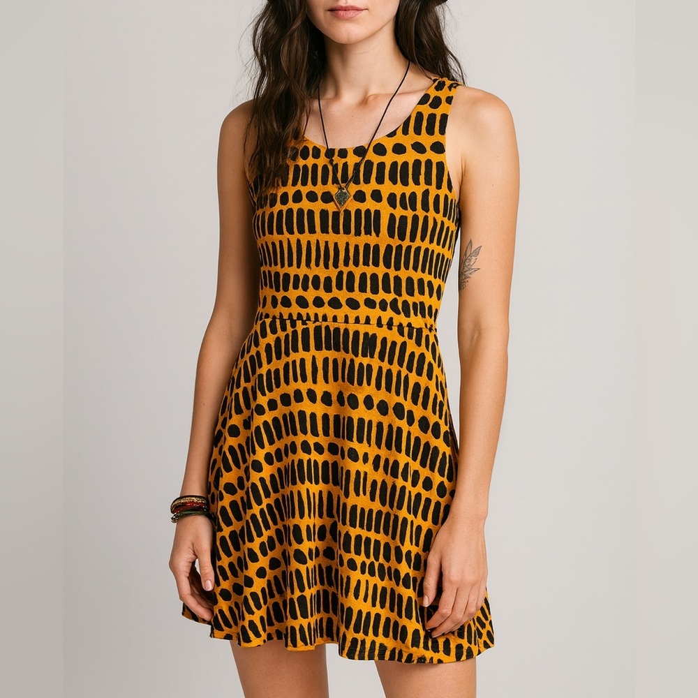 Nooworks Short Vacation Skater Dress in “Dorcas Code” Yellow/Black print